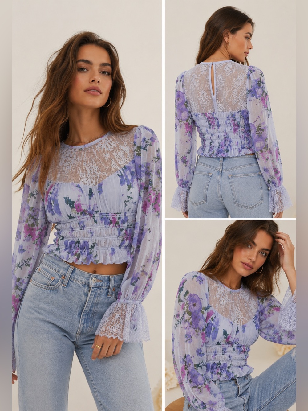 Free People Daphne Smocked Waist Cropped Smocked Waist Dusty Blue  Floral Top S